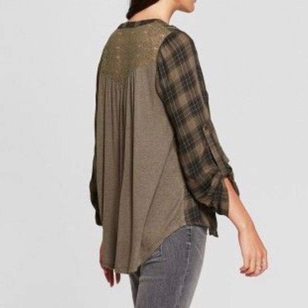 Knox Rose Women's M Button Down Plaid Lace Back Top Green Fall Boho